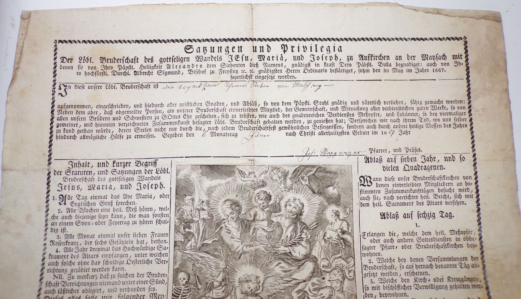 Urkunde 1857 Eintritt in die Bruderschaft Aufkirchen an der Maisach Religion Christen