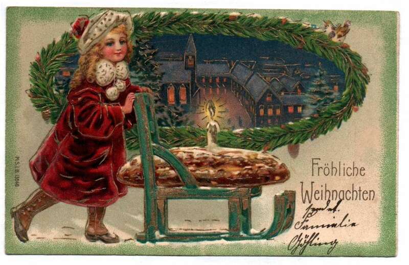 Ak Mädchen mit Stollen und Schlitten Weihnachten 1906 gold geprägt