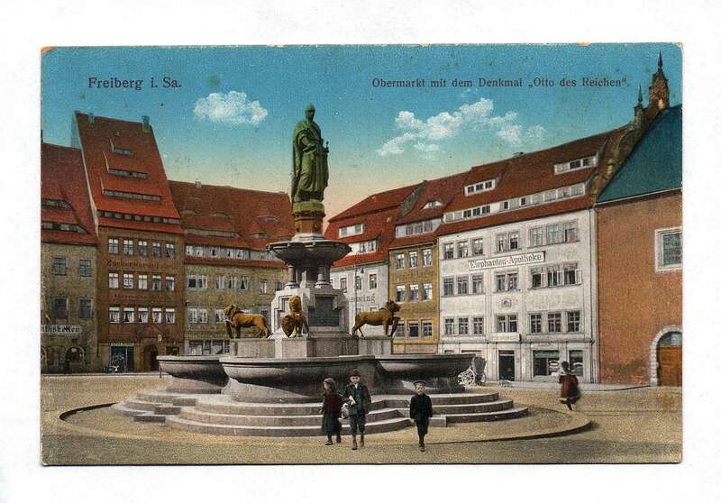 Ak Freiberg in Sachsen Obermarkt mit dem Denkmal Otto des Reichen