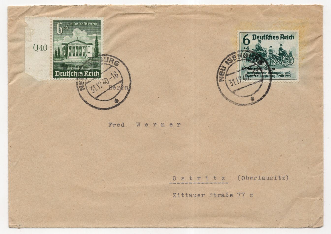 Brief 1940 Neu Isenburg Nürburgring Rennen Aufdruck Michel Nr 195 und 754