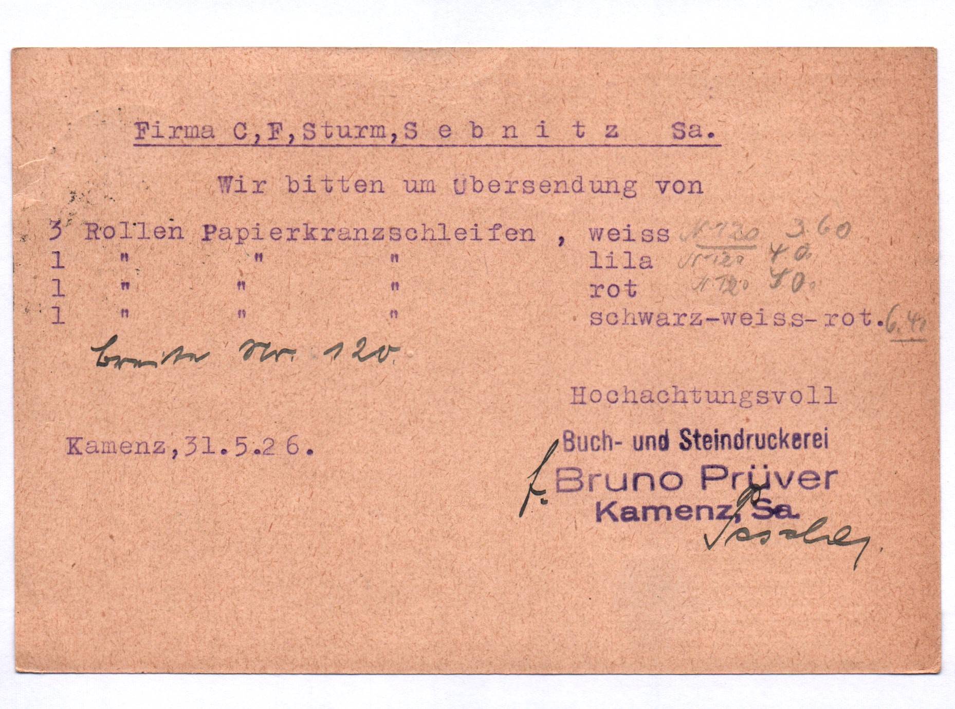 Postkarte Bruno Prüver Buch und Steindruckerei Papierhandlung Kamenz in Sachsen 1926 Postkarte Bruno Prüver Buch und Steindruckerei Papierhandlung Kamenz in Sachsen 1926