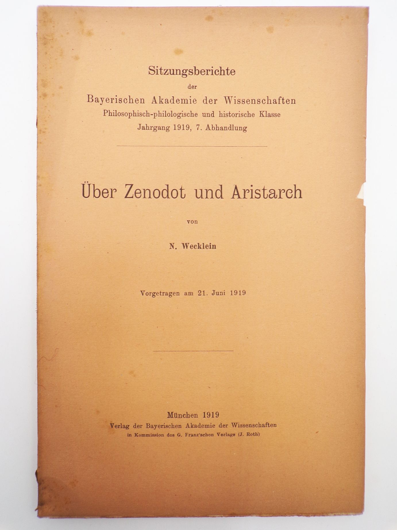 Über Zenodot und Aristarch von Wecklein 1919 Sitzungsbericht bayerische Akademie