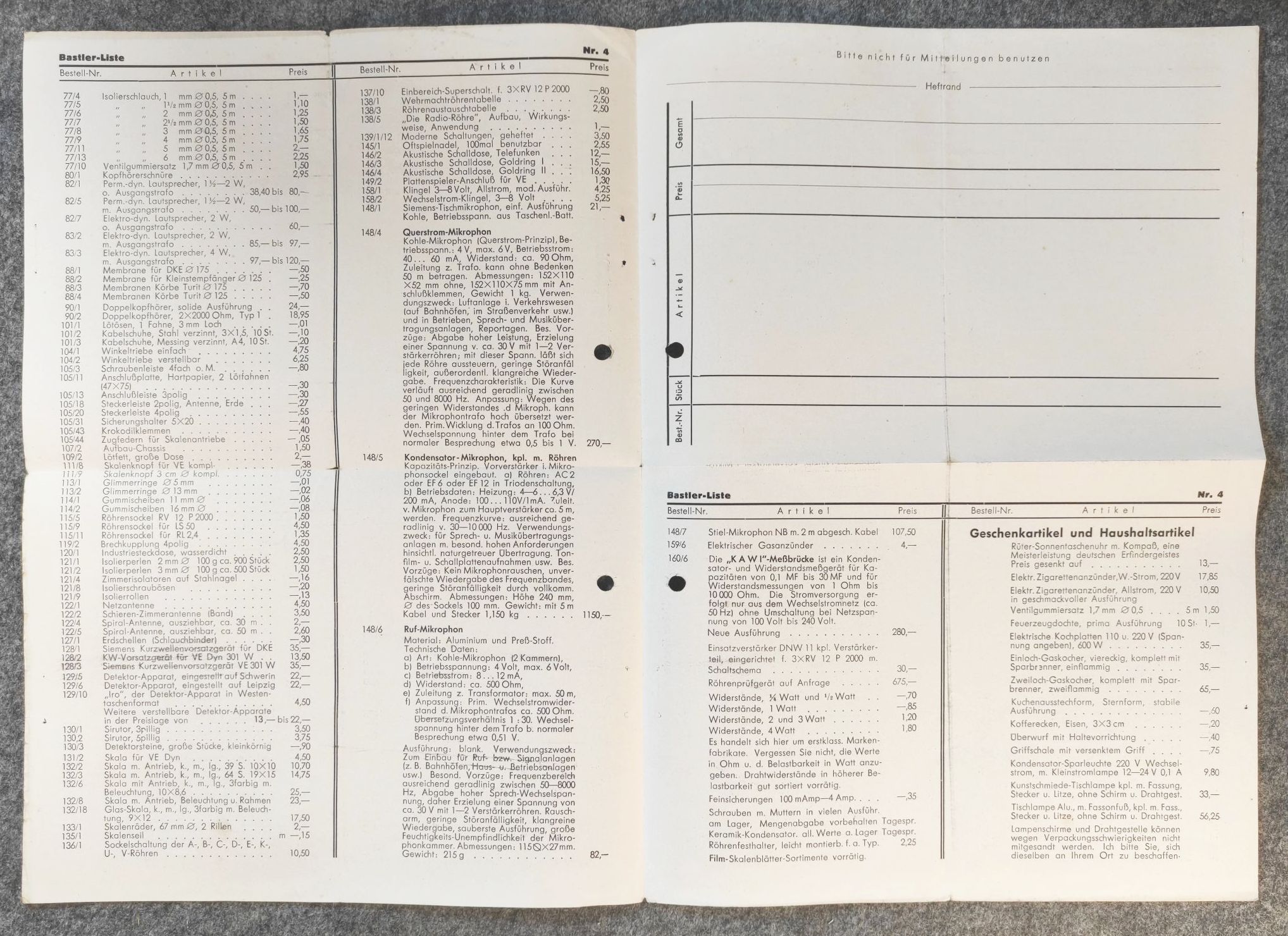 Radio Tamm Preisliste Nr 4 Bestellschein 1947 Berlin Radio Tamm Preisliste Nr 4 Bestellschein 1947 Berlin