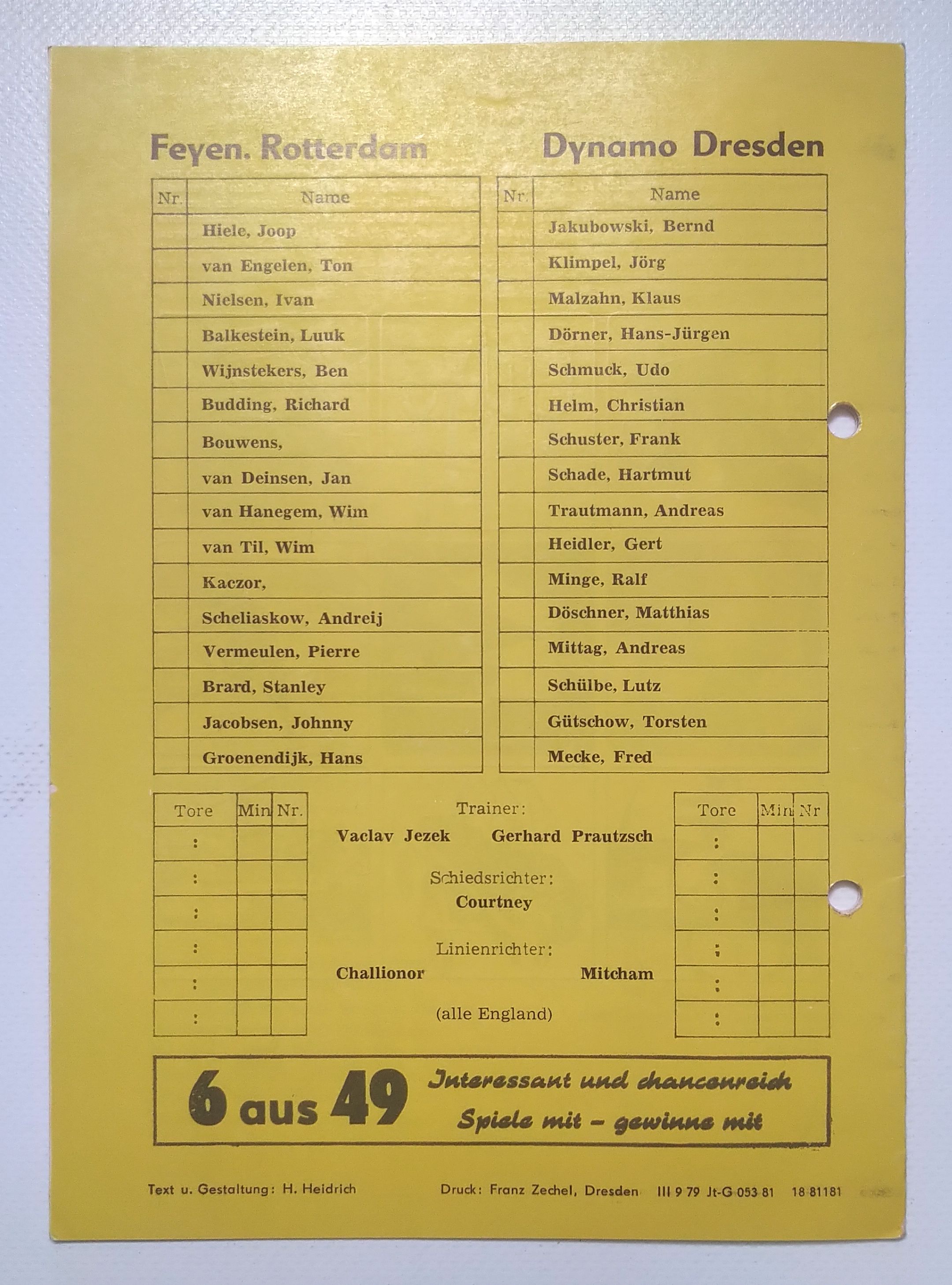 Fußball Programmheft Feyenoord Rotterdam - Dynamo Dresden 1981