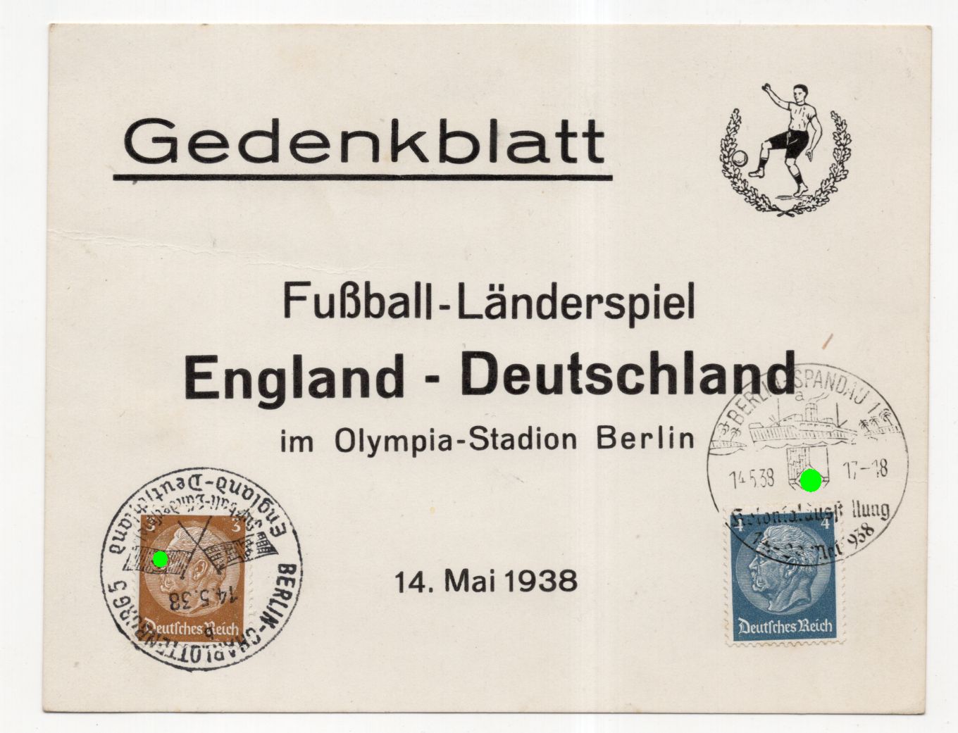 Gedenkblatt Fußball Länderspiel England Deutschland Olympia Stadion Berlin 1938