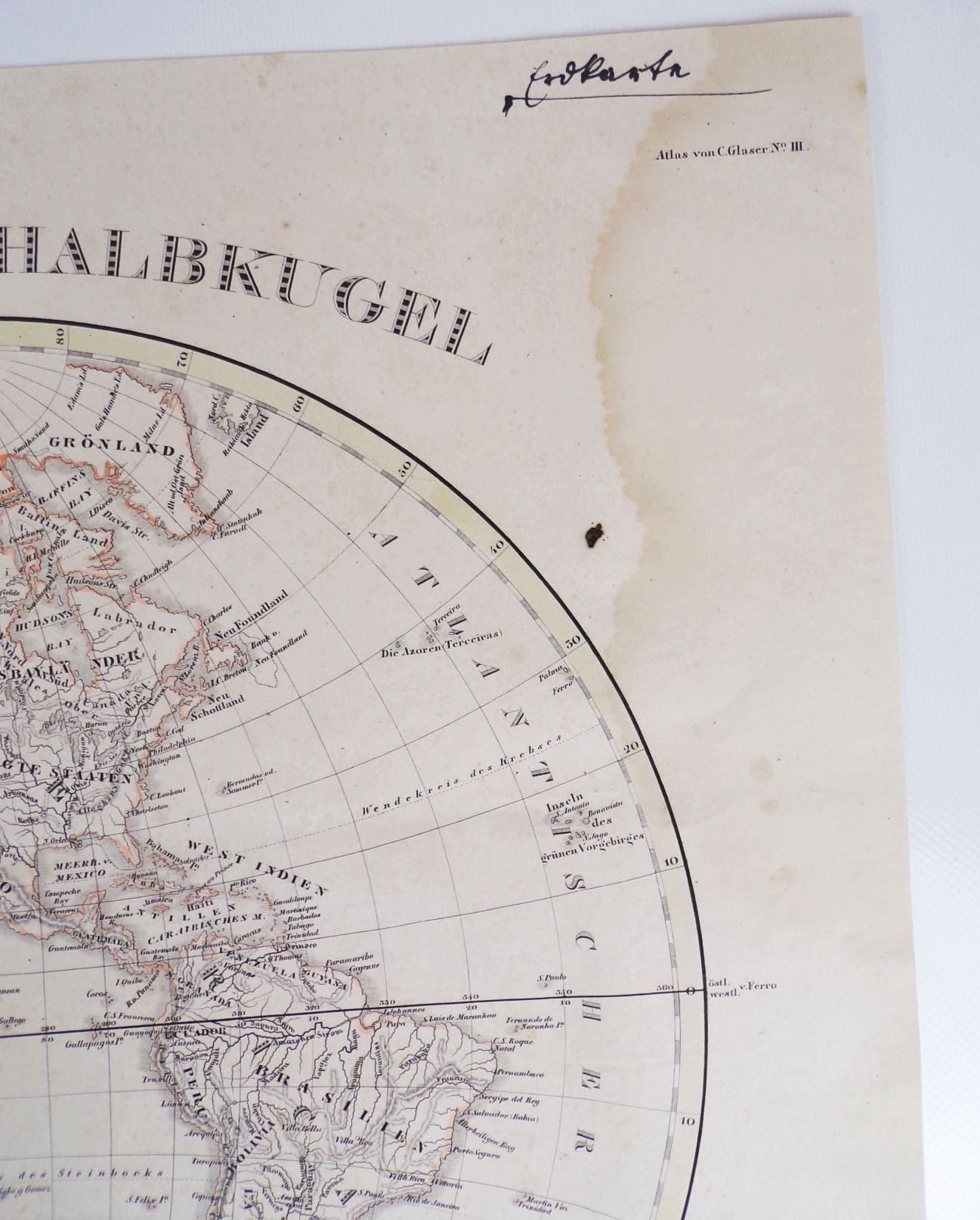 Westliche Halbkugel Glaser Atlas 1836 Stahlstich koloriert Druck