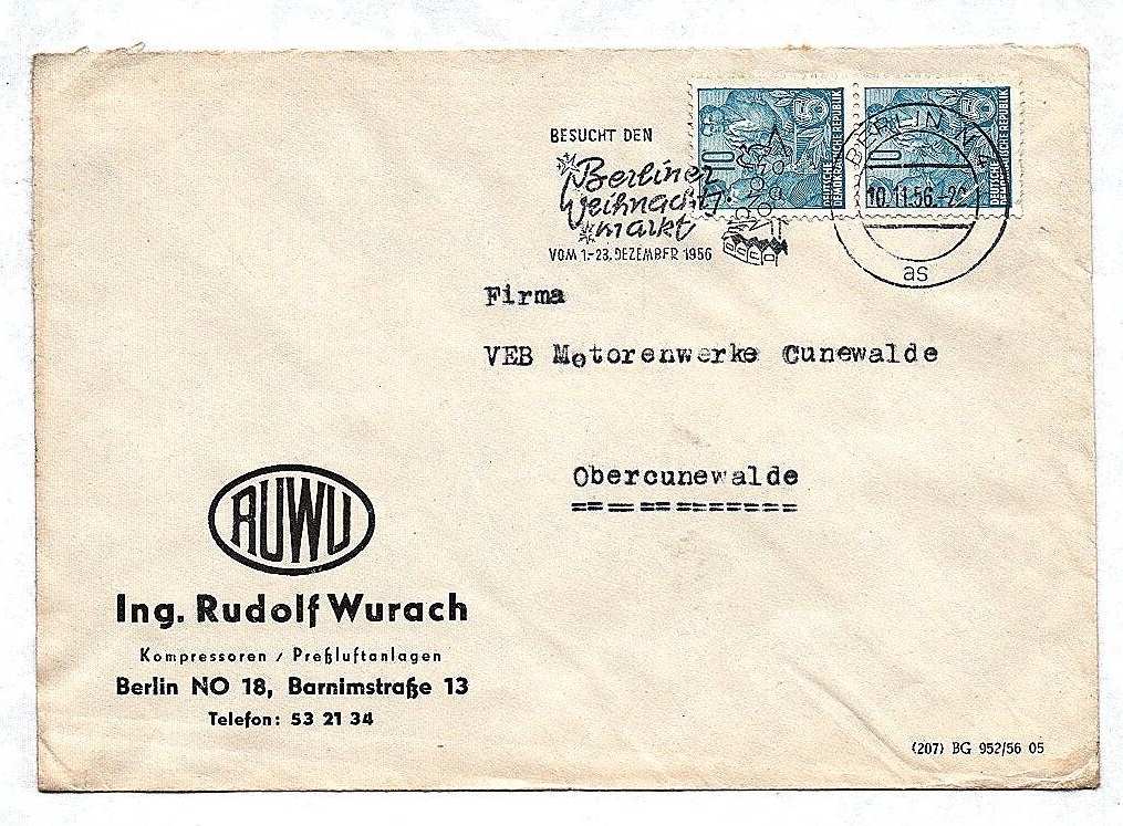 Brief RUWU Ingenieur Rudolf Wurach an VEB Motorenwerke Cunewalde DDR 1956