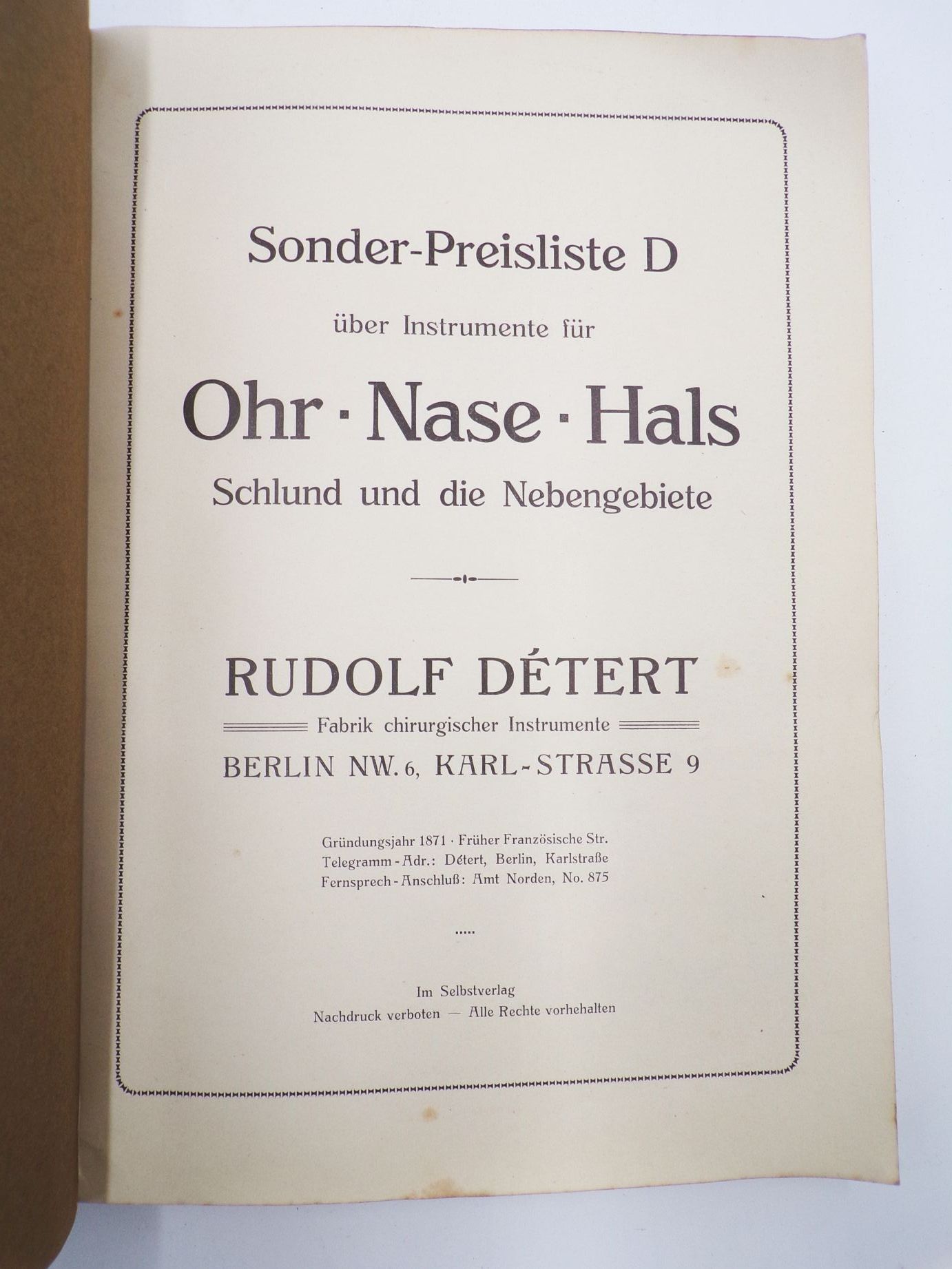 Rudolf Detert Berlin Instrumente für Ohr Nase Hals und Schlund Katalog um 1915