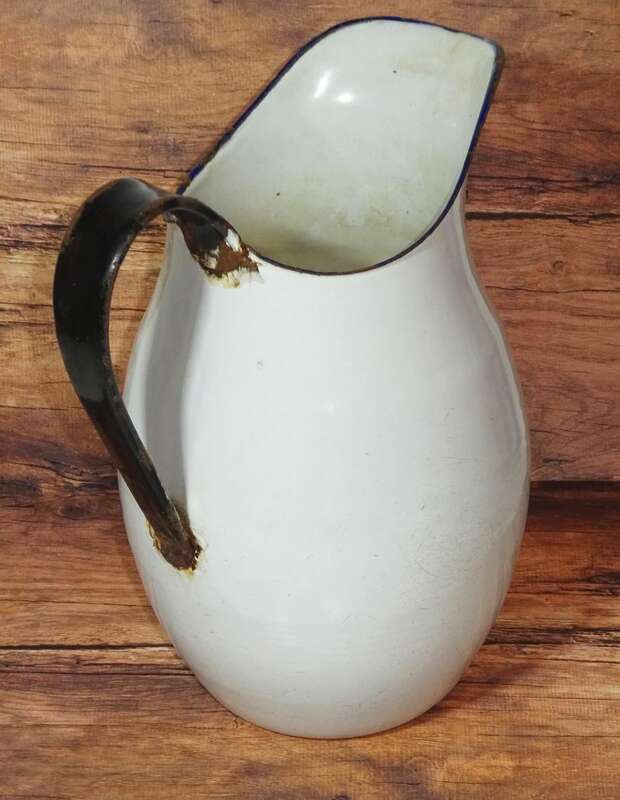 Alter Wasserkrug Emaille Weiss Shabby Landhaus Deko Email Krug