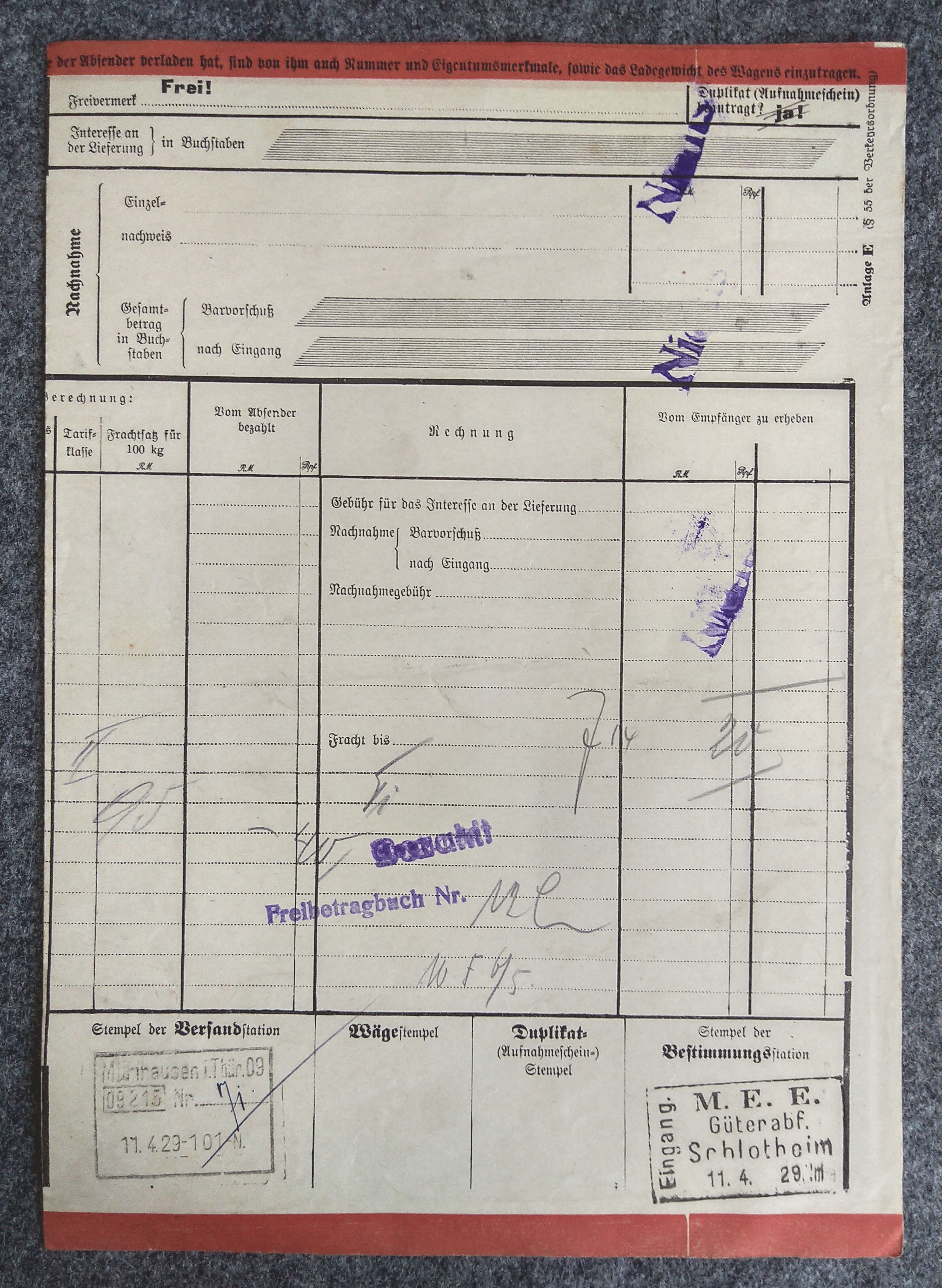 Eilfrachtbrief Mühlhausen Thüringen Carl John nach Schlotheim 1929 Eilfrachtbrief Mühlhausen Thüringen Carl John nach Schlotheim 1929