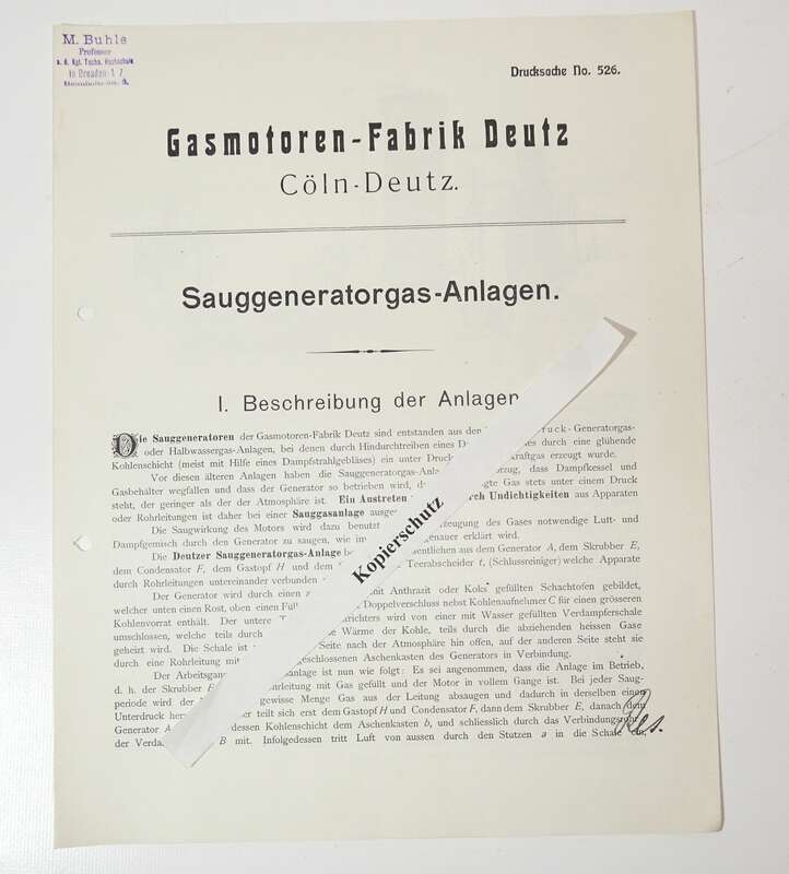 Prospekt Gasmotoren Fabrik Deutz Cöln Deutz Sauggeneratorgas Anlagen 1912