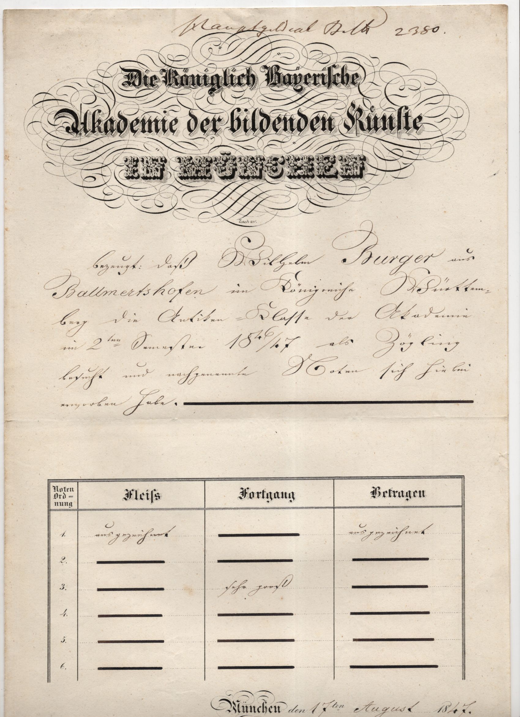 Dokument kgl bayerische Akademie der bildenden Künste München 1847 Zeugnis