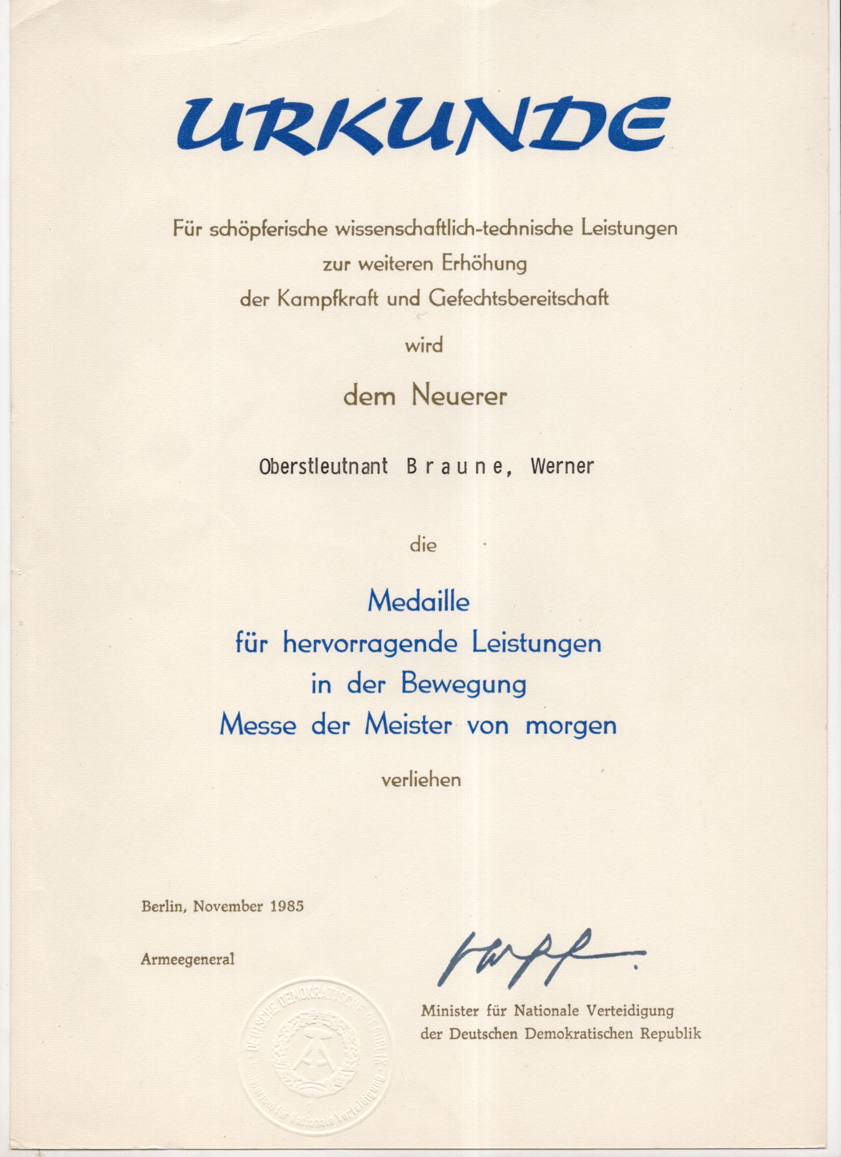 Urkunden Nachlass Offiziershochschule der Landstreitkräfte Ernst Thälmann Löbau