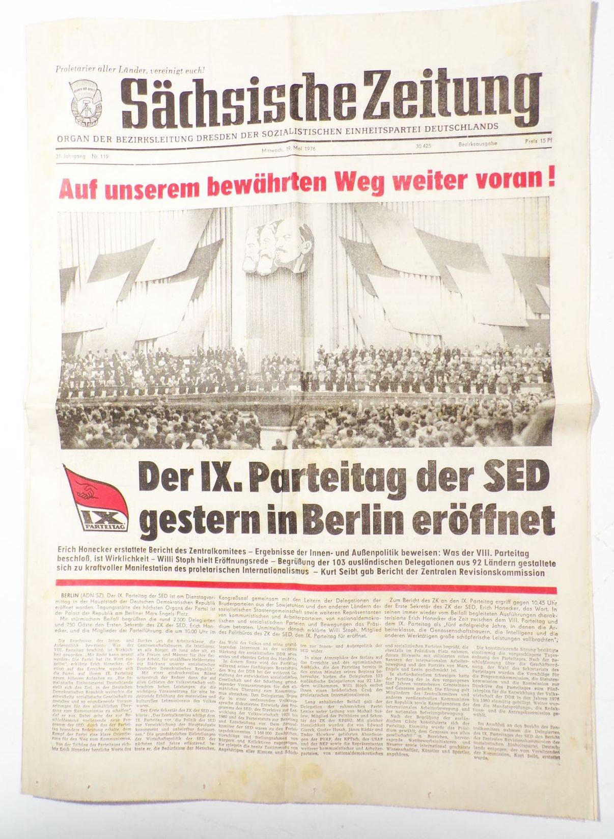 DDR Sächsische Zeitung IX Parteitag der SED in Berlin Nr 119 Mai 1976