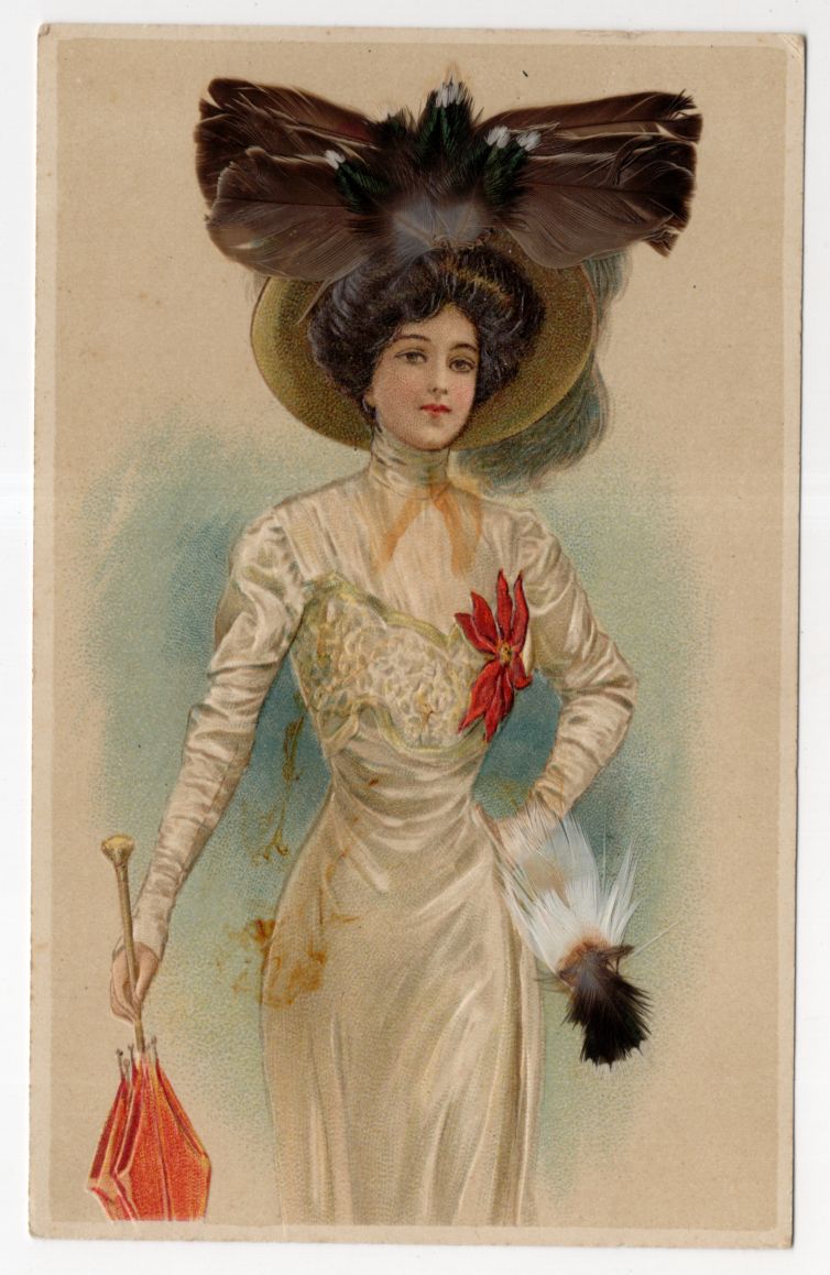Litho Ak schöne Dame in feiner Mode mit echten Federn verziert um 1900
