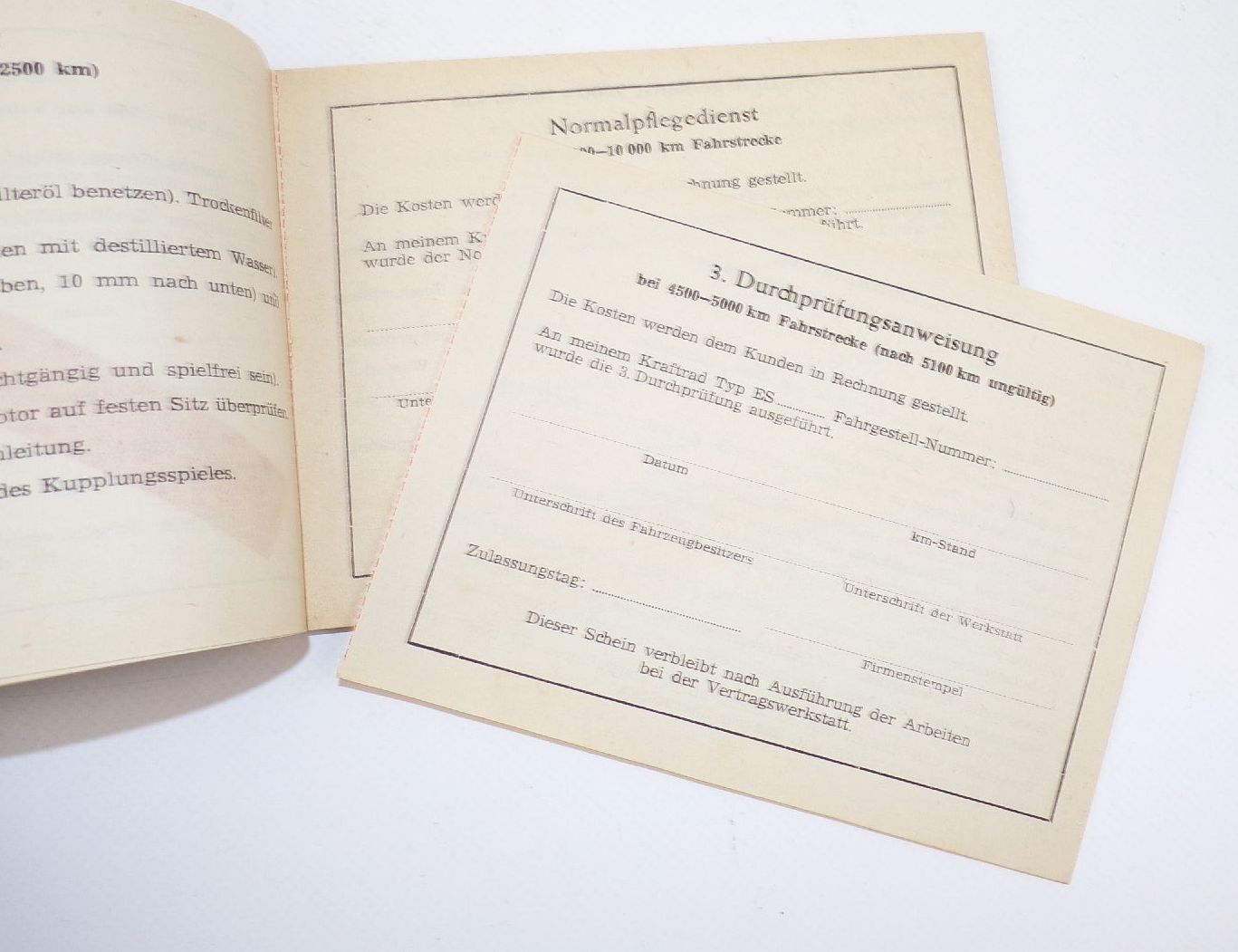 MZ Kundendienst Garantie Durchprüfungsheft Kraftrad ES125 ES150 