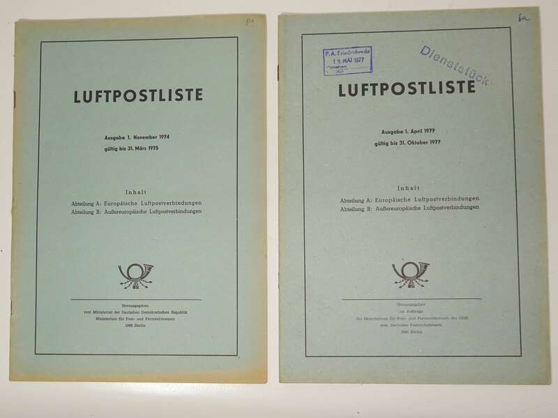 2 x Luftpostliste 1974 bis 1977 DDR Ministerium Post und Fernmeldewesen 