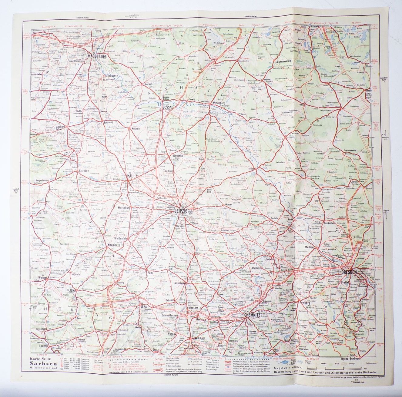 Shell Strassenkarte 12 Sachsen Mitteldeutschland Reisedienst 1930er 