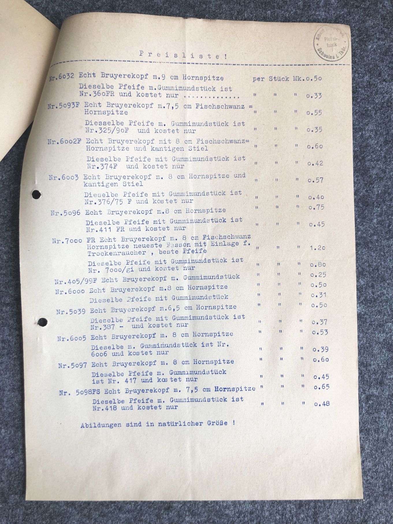 Alte Preisliste Pfeifenfabrik Abbildungen Pfeifen Modelle Schweina Thüringen