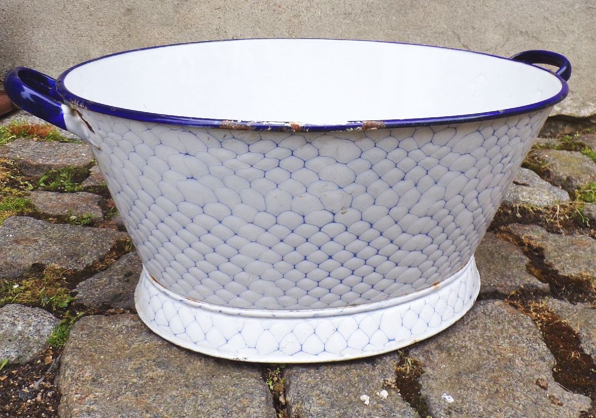 Alte Email Wanne Wabenmuster Netzdekor Blau Weiß Behälter Pfanzgefäß Alte Email Wanne Wabenmuster Netzdekor Blau Weiß Behälter Pfanzgefäß