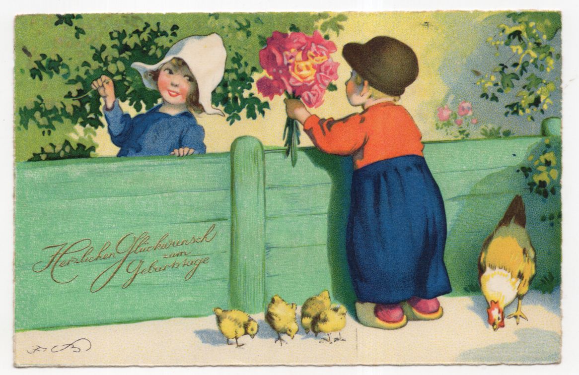 Ak Fritz Baumgarten Kinder Küken und Zaun 1929 Geburtstags Gruß