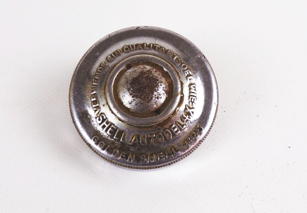 Alter Shell Tankdeckel Golden Shell 1925 Verwende Qualitätsöl Autooel 4 x Oldtimer 