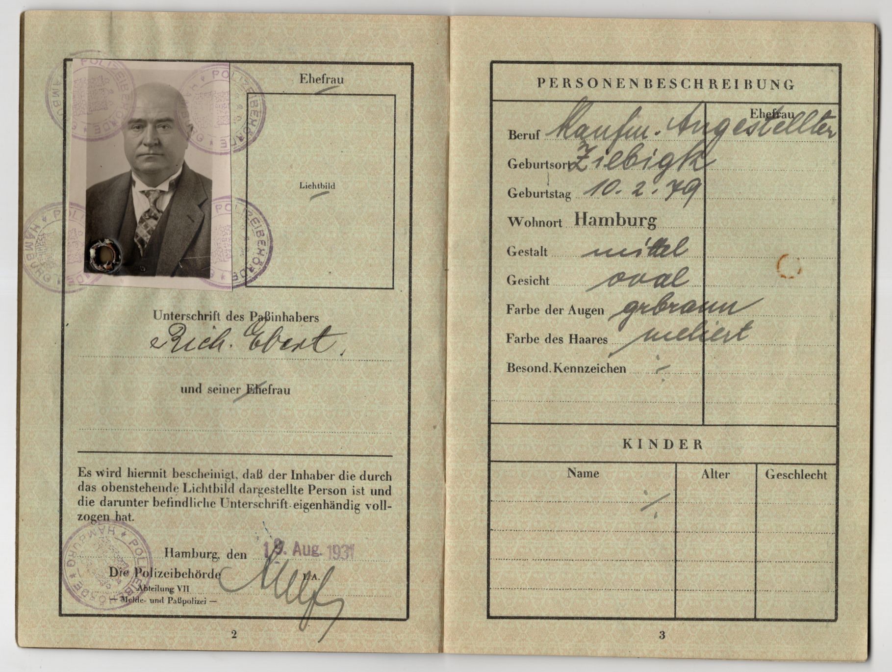 Deutsches Reich Reisepass 1931 Hamburg 