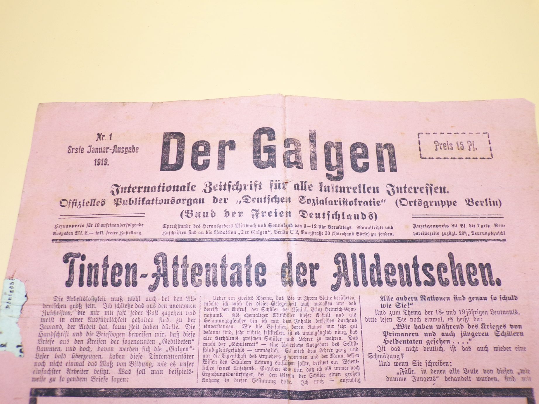 Zeitung Der Galgen deutsche Sozialaristokratie Ortsgruppe Berlin Nr 1 von 1919