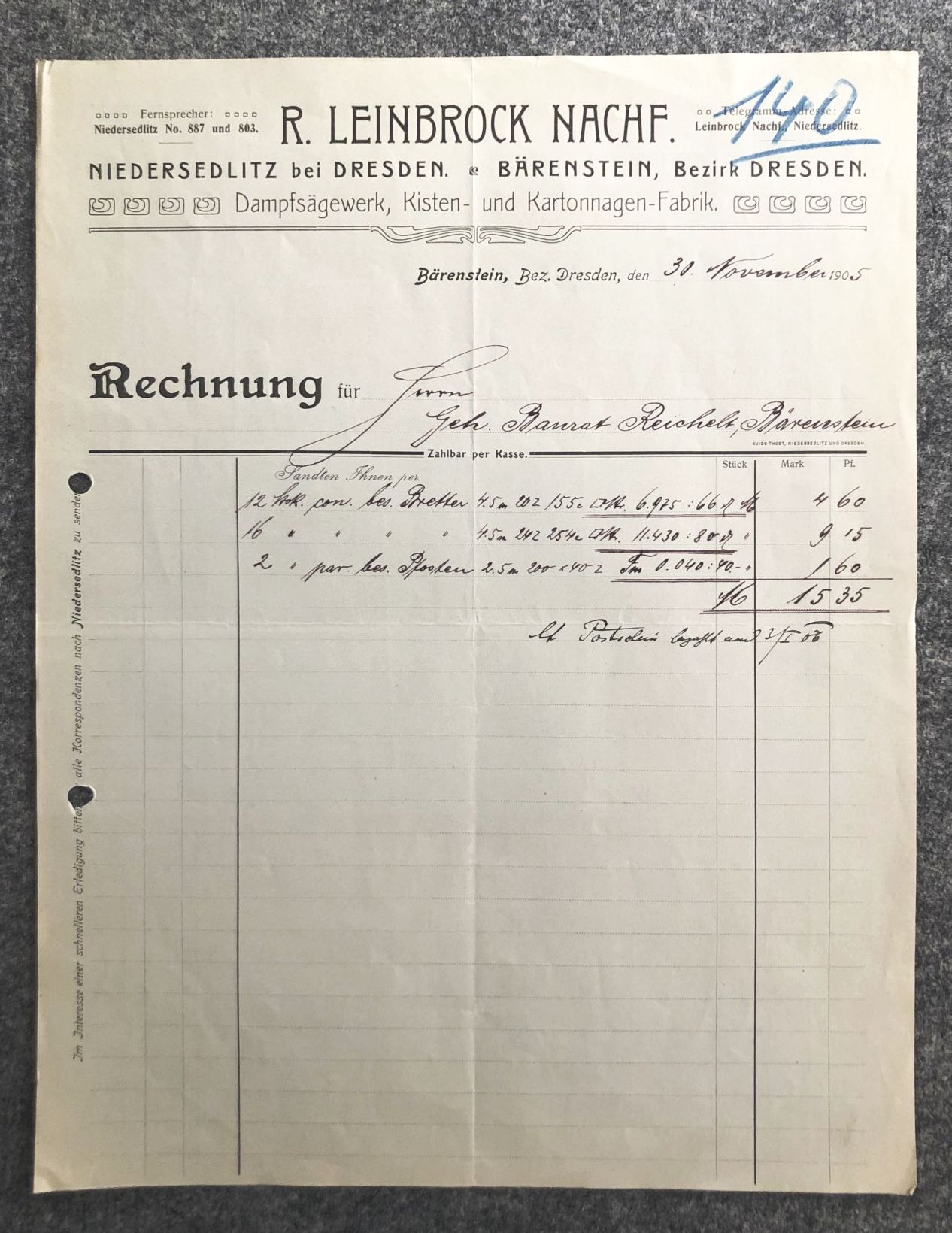 Alte Rechnung 1905 Bärenstein Bezirk Dresden Niedersedlitz Kisten Kartonagen Fabrik