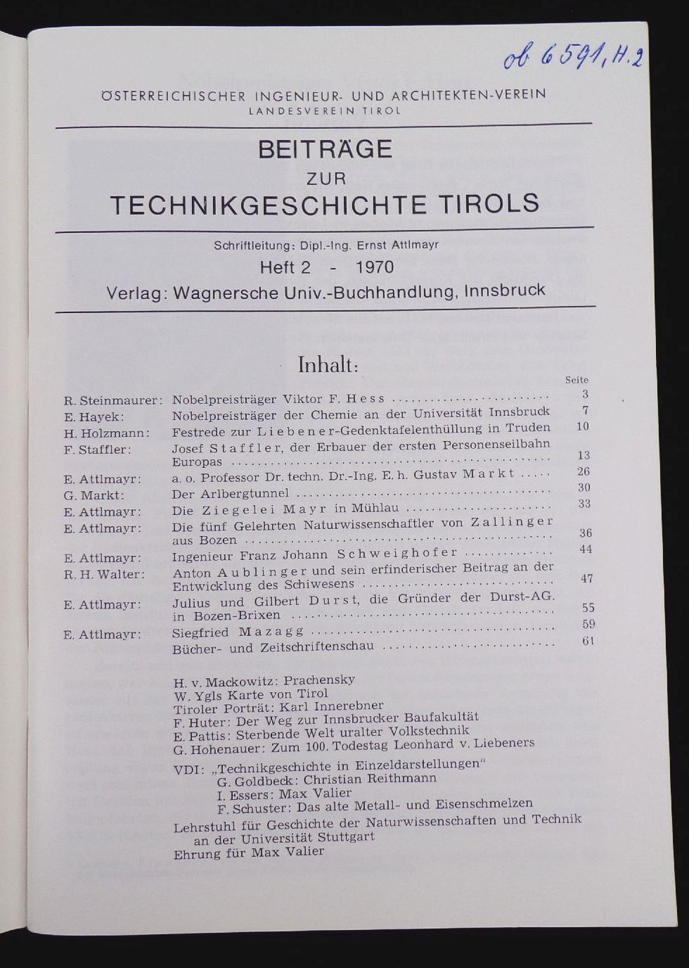 Beiträge zur Technikgeschichte Tirols Heft 1 und 2 Innsbruck 1970 