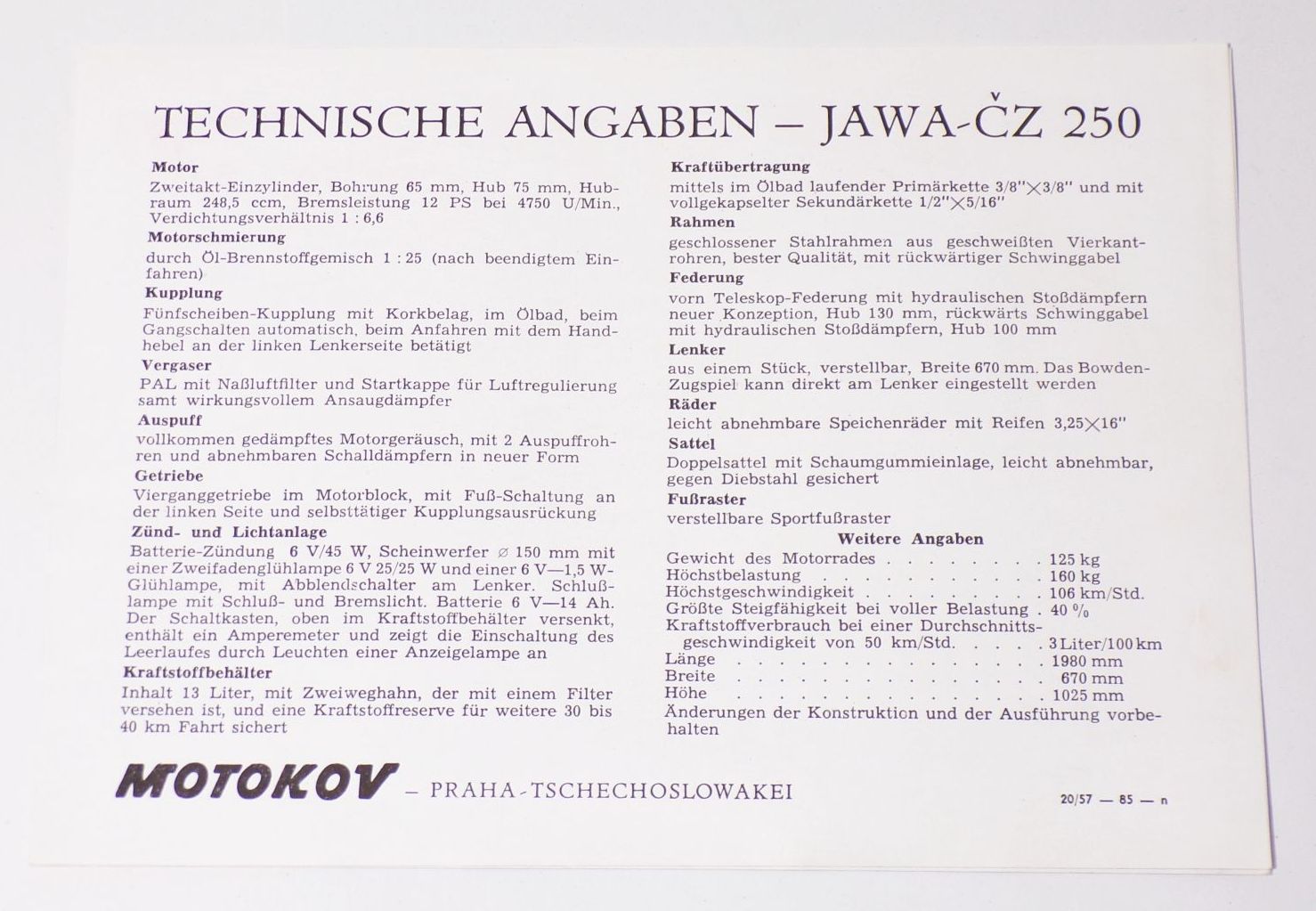 Jawa 250 Werbeblatt 1957 Motorrad Oldtimer 