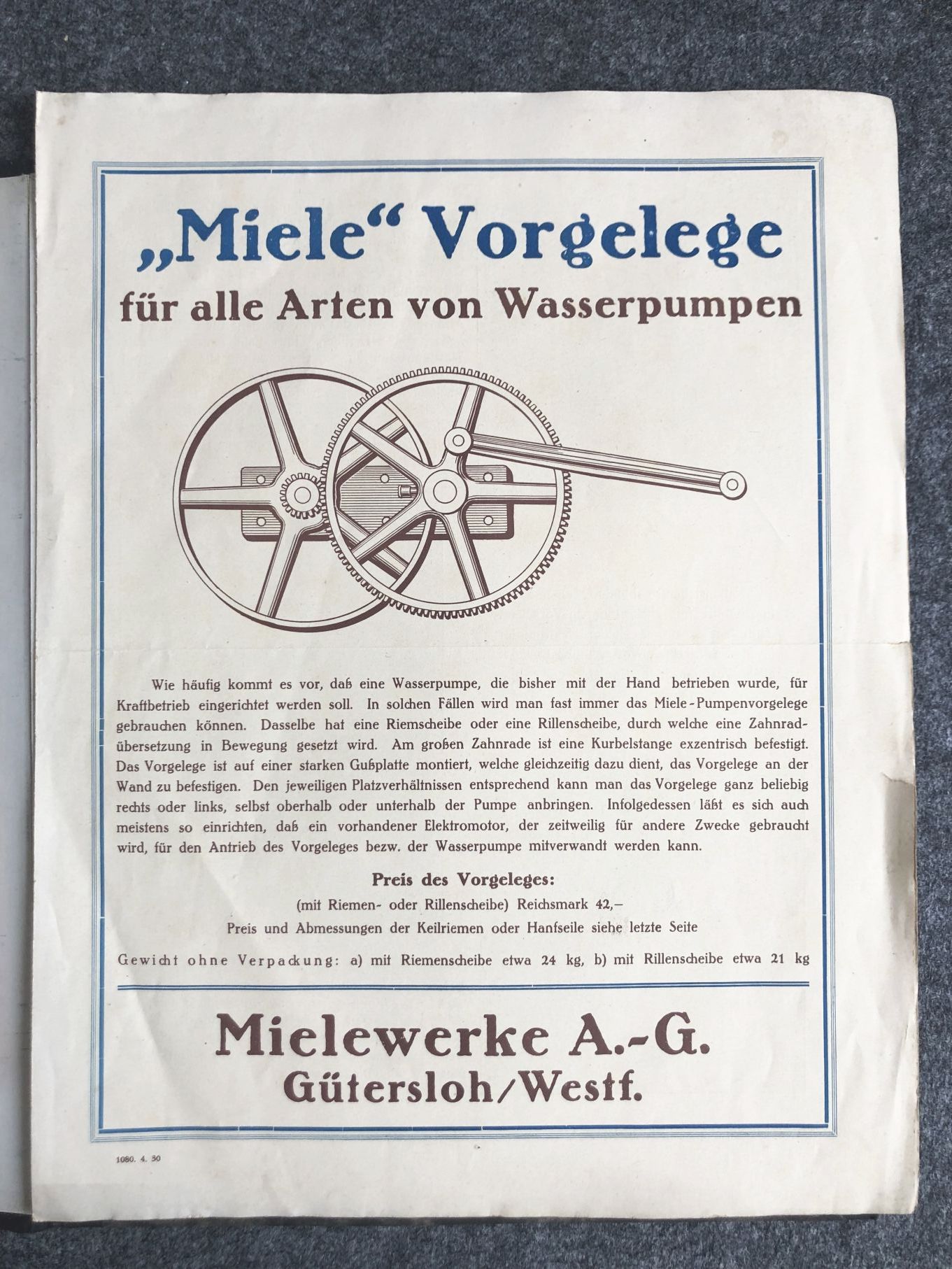 Originale Mappe Miele Werke AG Gütersloh Westfalen Prospekte ca 1936 Preislisten