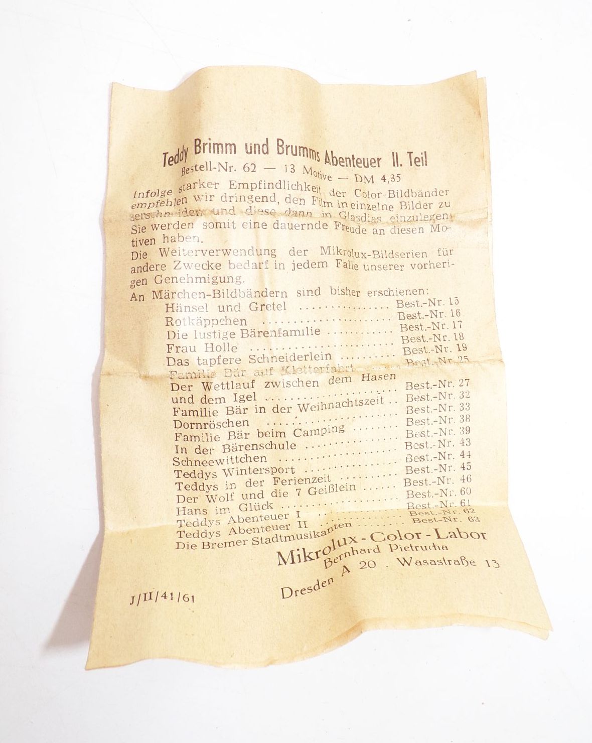 Alter Rollfilm Teddys Abenteuer II Brimm und Brumms Abenteuer 