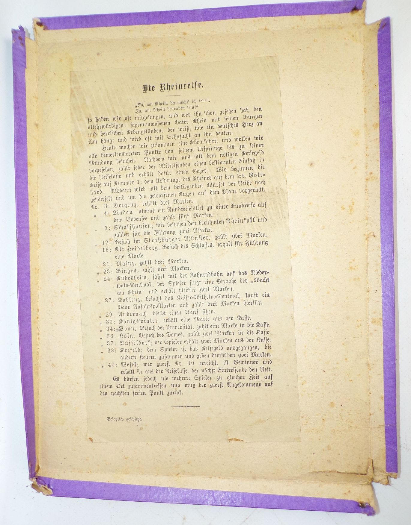 Altes Brettspiel Die Rheinreise um 1900 Würfelspiel