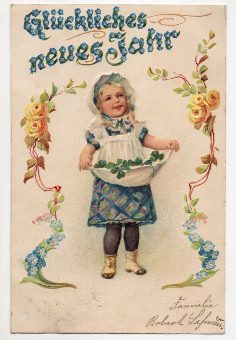 Litho Ak Mädchen mit Blumenranken Glückliches neues Jahr geprägt