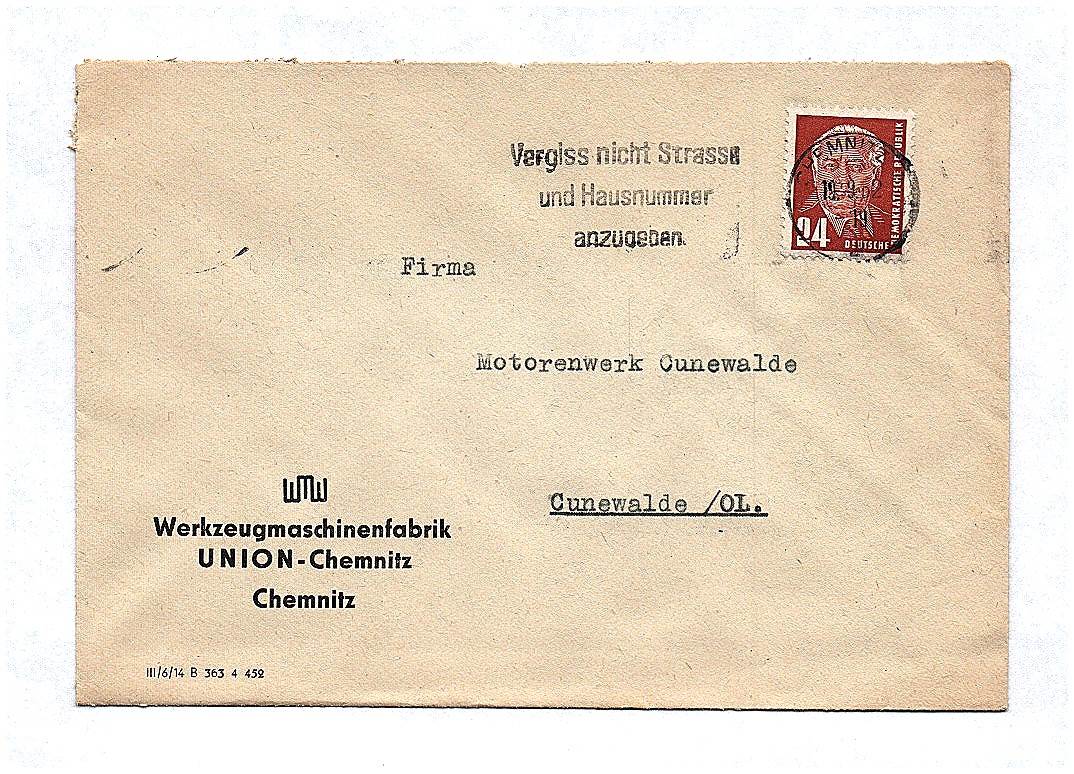 1952 Briefkuvert DDR Werkzeugmaschinenfabrik Union Chemnitz
