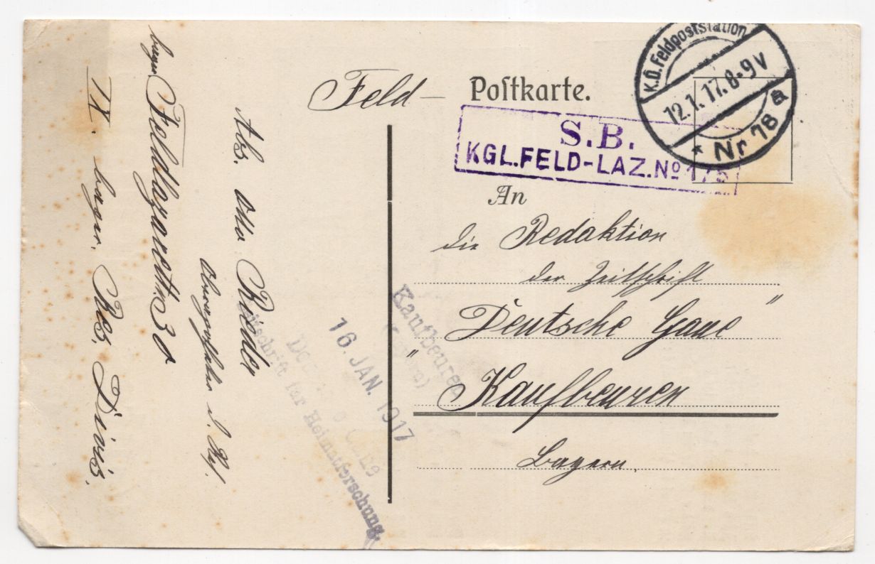 Feldpostkarte 1917 Feld Lazarett Nr 175 Maximilian Liebenwein Feldpostkarte 1917 Feld Lazarett Nr 175 Maximilian Liebenwein