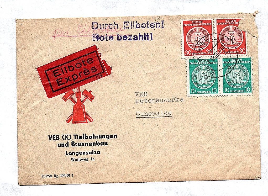 Eilbote Expres Brief VEB Tiefbohrungen Langensalza 1956