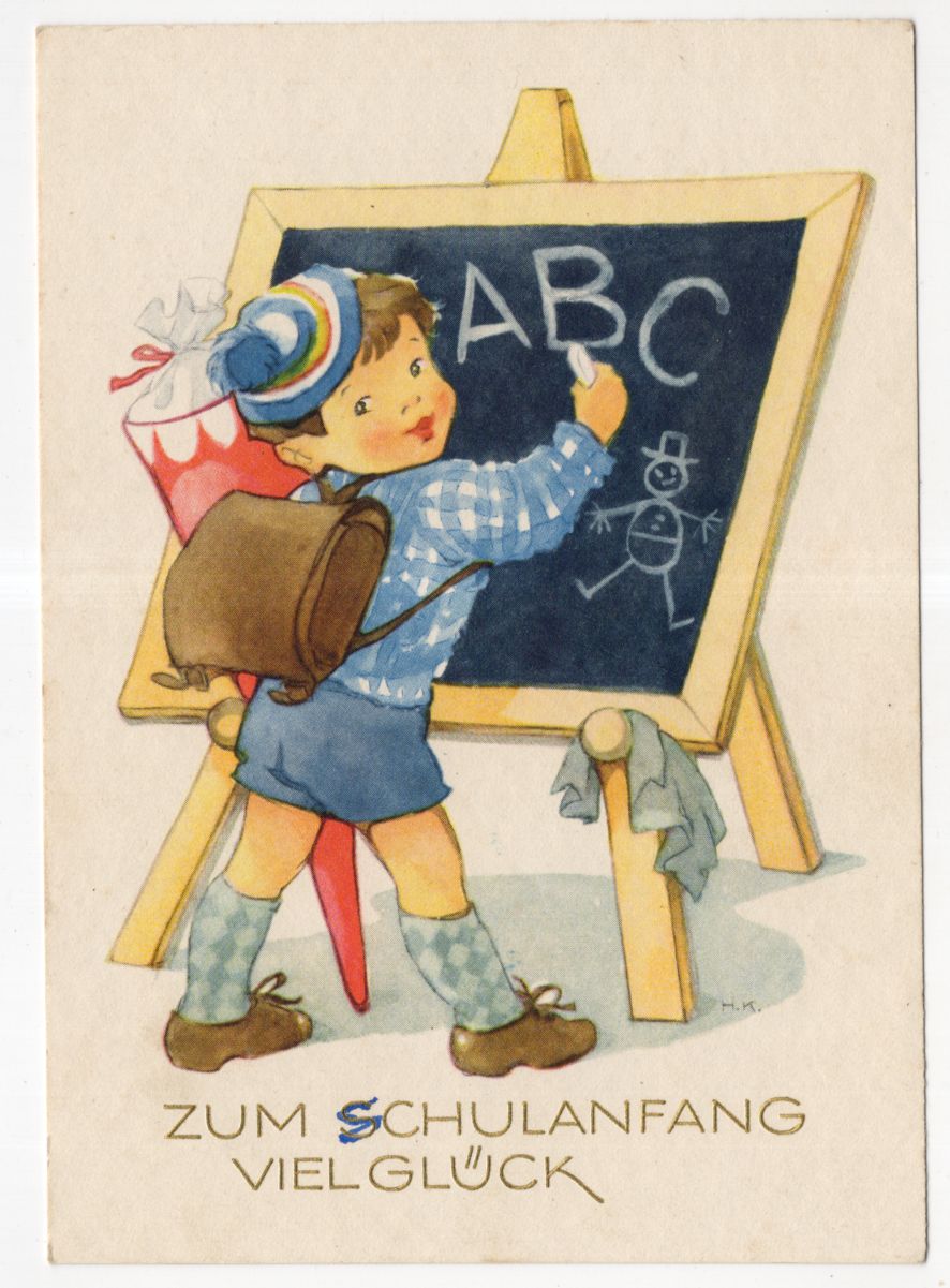 Künstler Ak Bube an der Schultafel Schulanfang H K signiert DDR 
