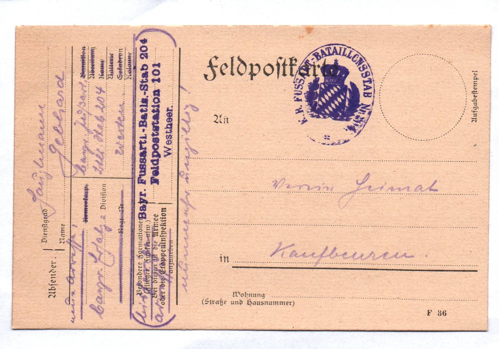 Alte Feldpostkarte FAR Bataillon Stab 204 Westheer Stempel 1 Wk WW1