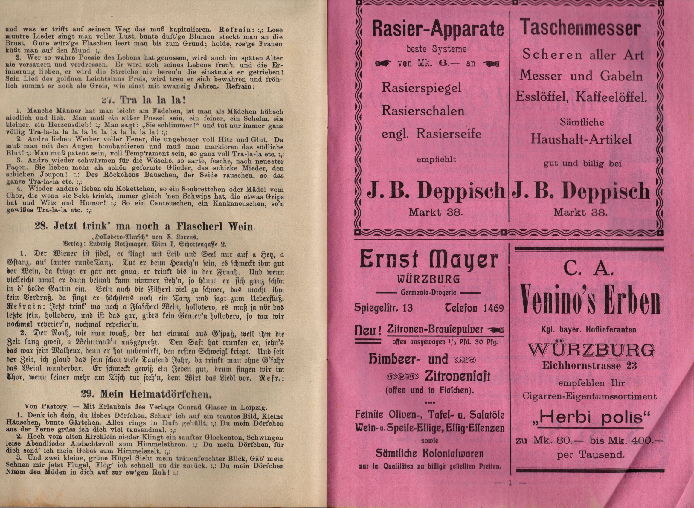 Volksfest 1913 Würzburg Lieder Heft 
