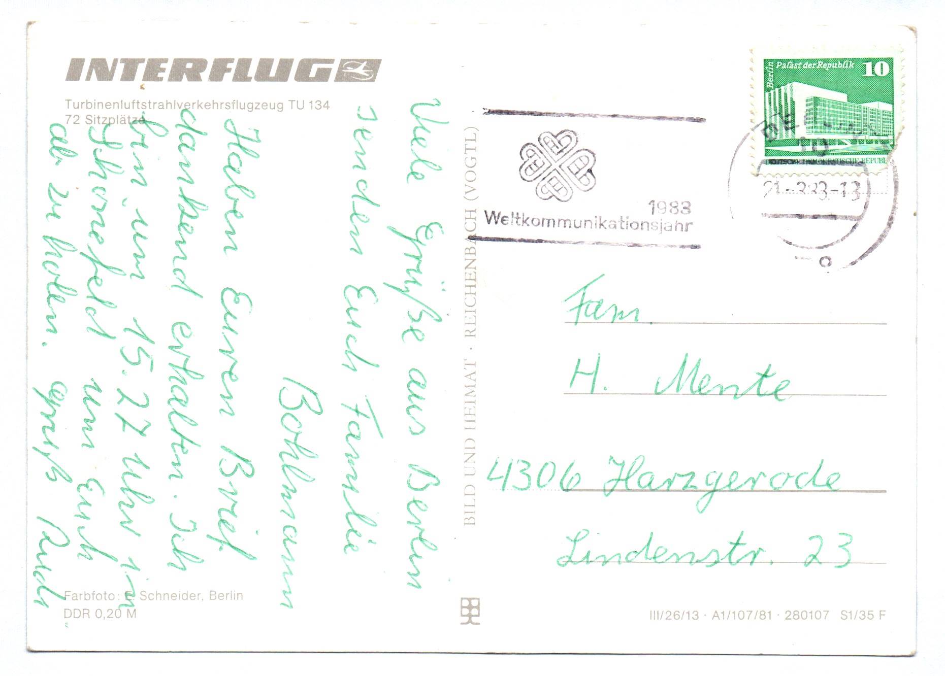 Foto Ak Flugzeug Turbinenluftstrahlverkehrsflugzeug TU 134 DDR 1983