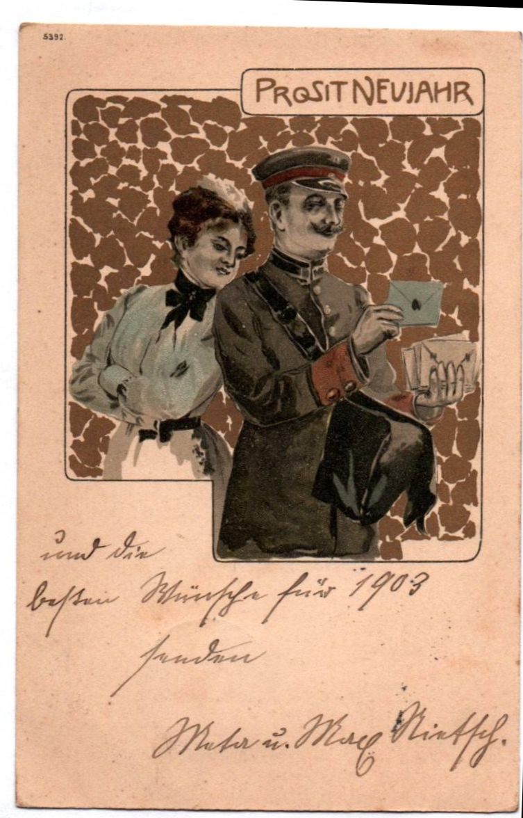 Jugendstil Ak Briefträger gold Prosit Neujahr 1903