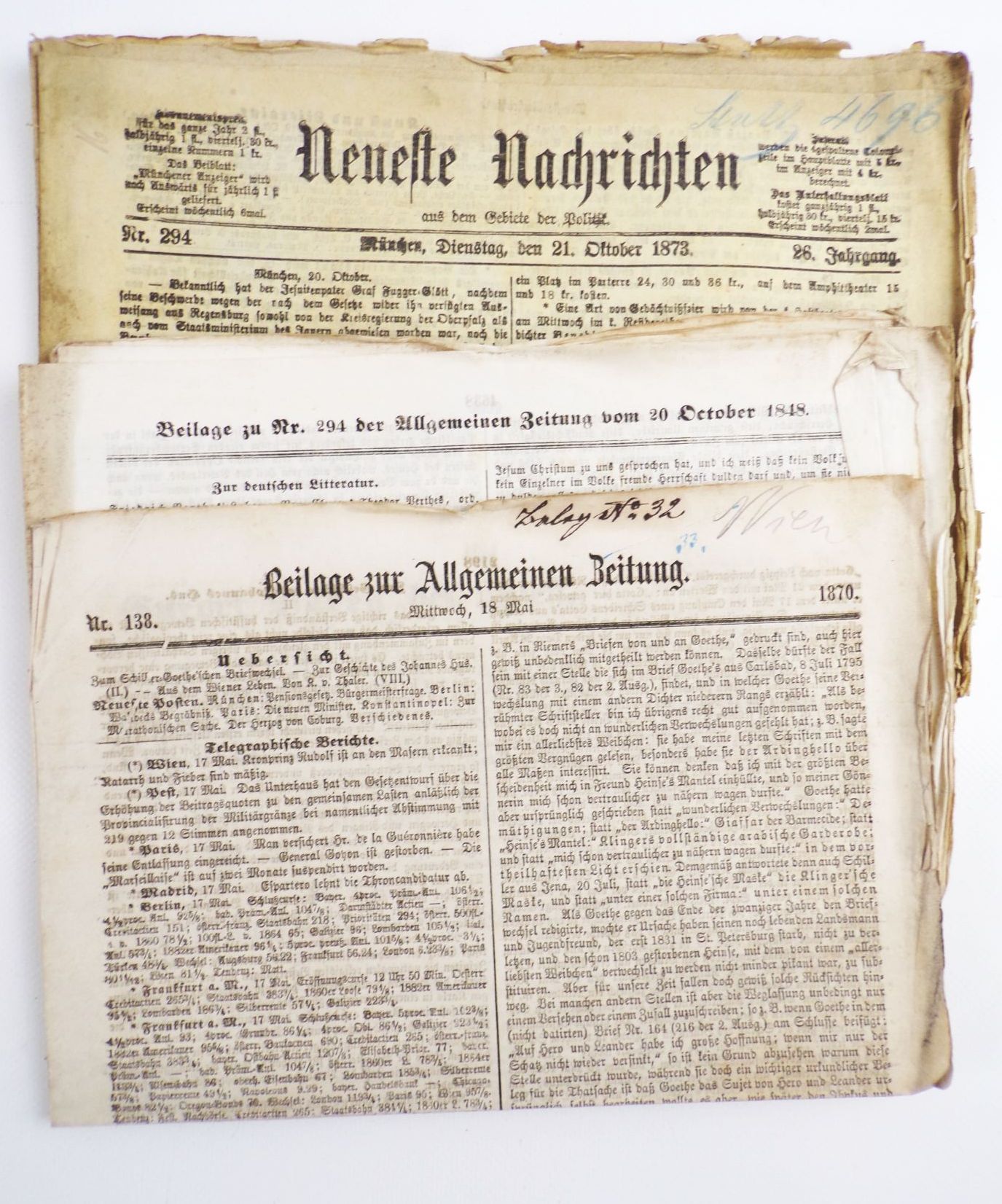 Konvolut Neueste Nachrichten und Allgemeine Zeitung 1825 bis 1873