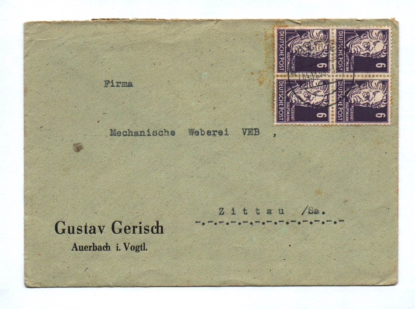 Brief 1953 DDR Gustav Gerisch Auerbach Vogtland an Mechanische Weberei VEB Zittau Brief 1953 DDR Gustav Gerisch Auerbach Vogtland an Mechanische Weberei VEB Zittau