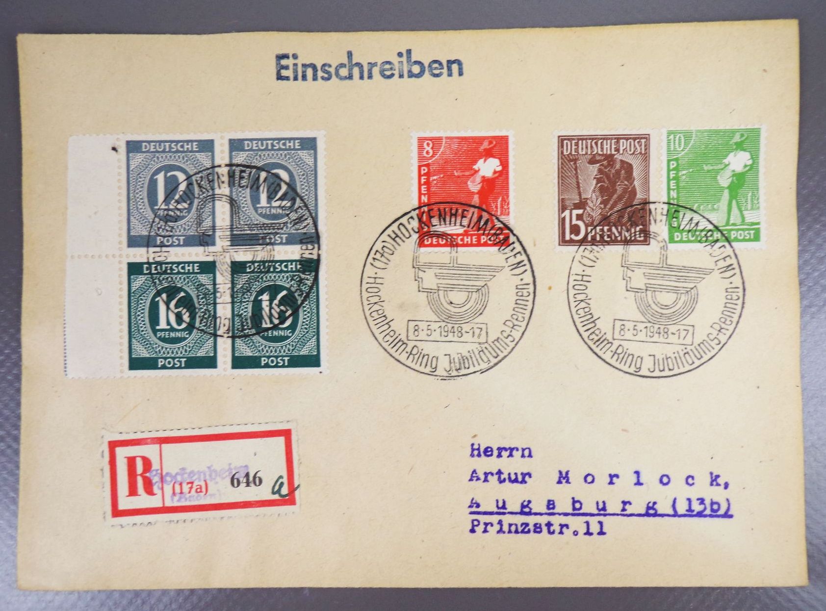 R Briefe Alliierte Besatzung halbes H Blatt 1948 Hockenheim Wiesbaden Lübeck München