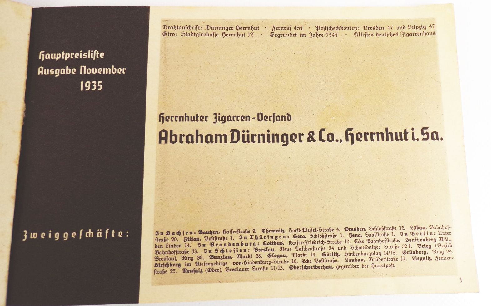 Katalog Dürninger Herrnhut Zigarren 1935 
