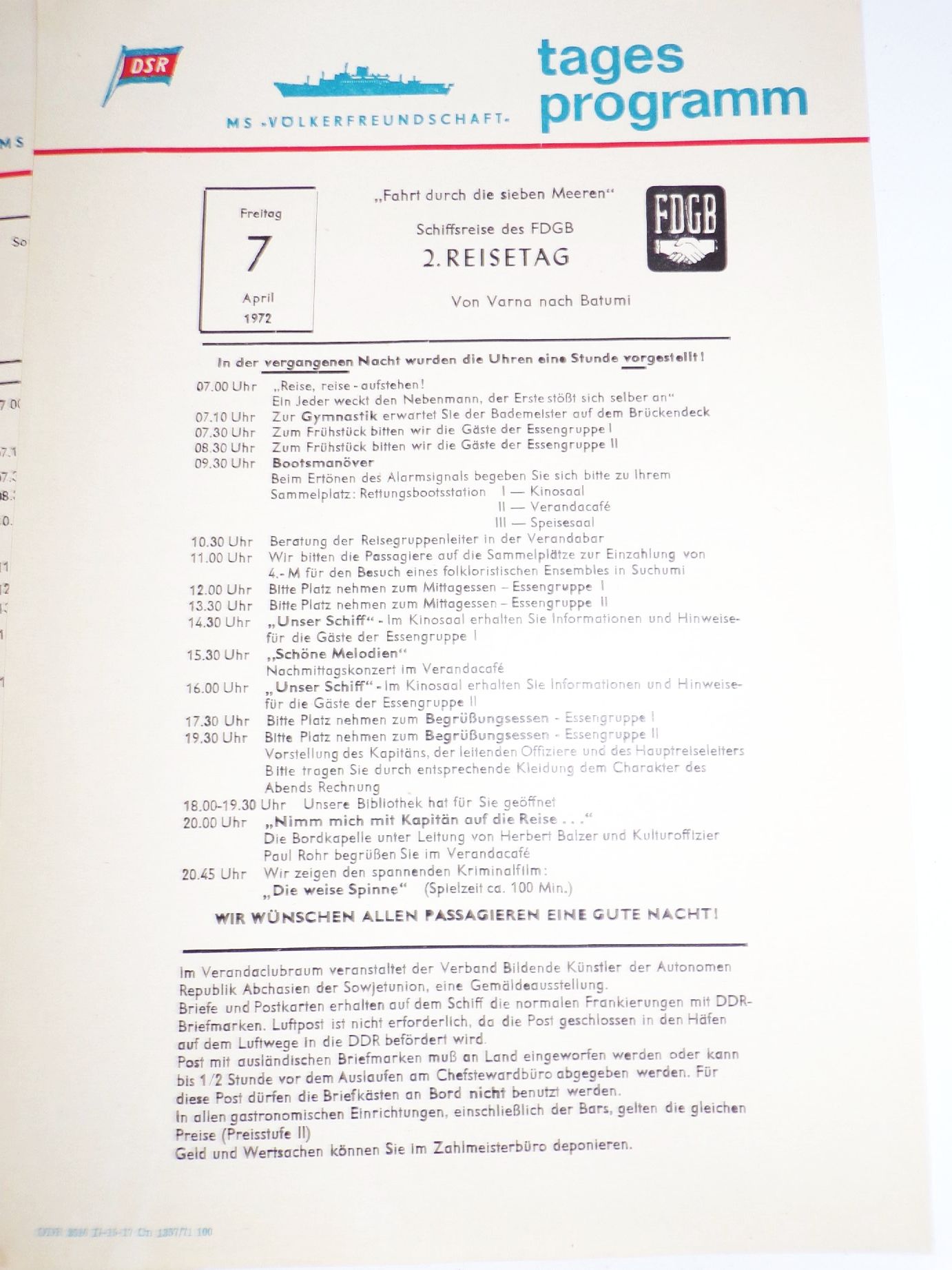 DDR Reise Nachlass MS Völkerfreundschaft Schiffsreise Programm Speisekarten 