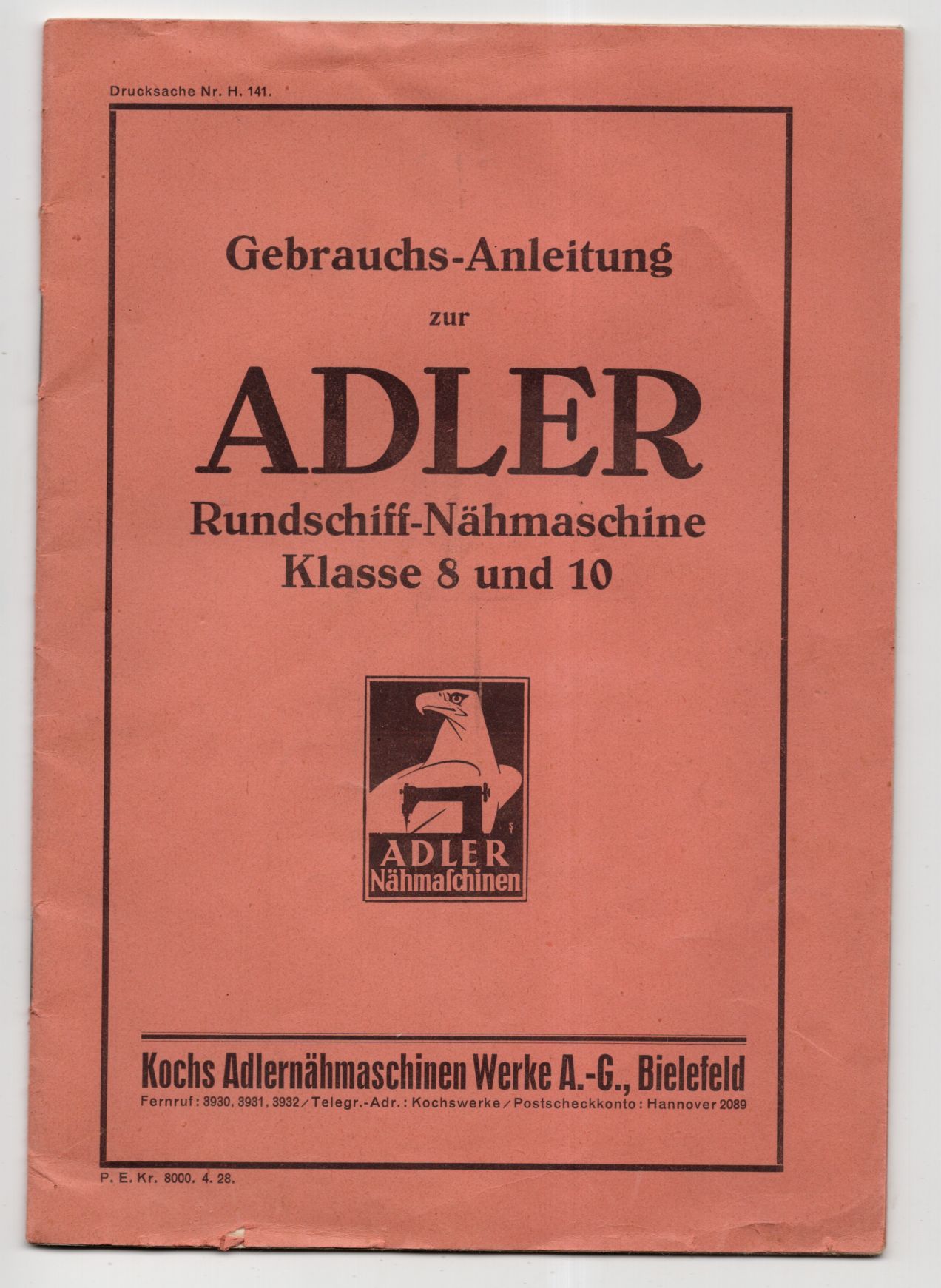 Gebrauchsanleitung Adler Rundschiff Nähmaschine Klasse 8 und 10 1928
