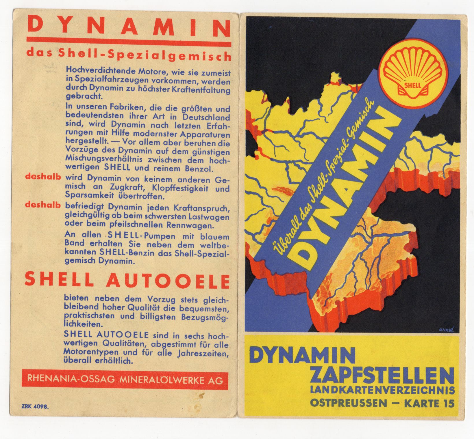 Prospekt Shell Dynamin Zapfstellen Landkarte Ostpreußen um 1930 Karte 15